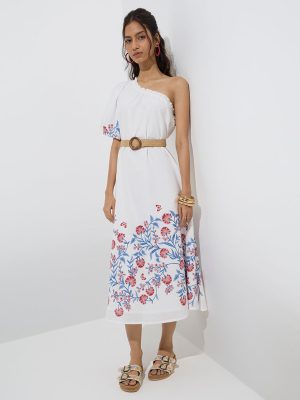 Bombay Paisley White Floral Cotton One-Shoulder Dress