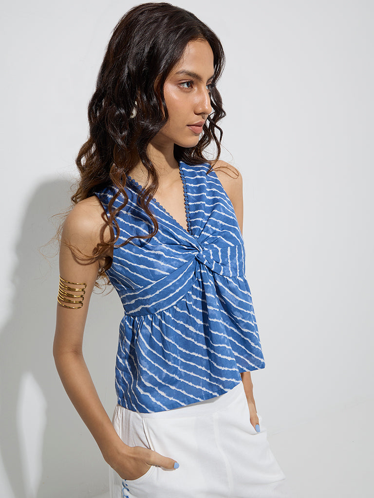 Bombay Paisley Blue Stripes Printed Ruched Cotton Top - Image 2