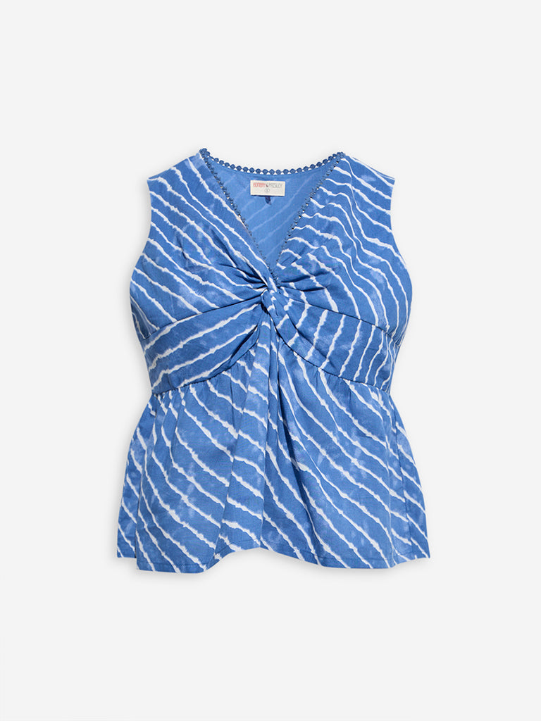Bombay Paisley Blue Stripes Printed Ruched Cotton Top - Image 5