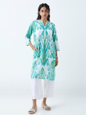 Utsa Aqua Ikat Printed Cotton Straight Kurta