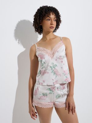 Wunderlove Light Pink Floral Design Satin Camisole