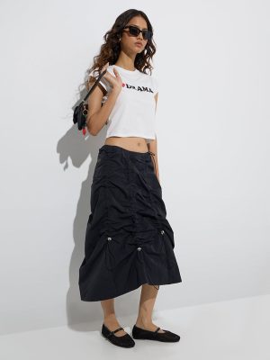 Nuon Black Ruched Detailed Mid-Rise Skirt