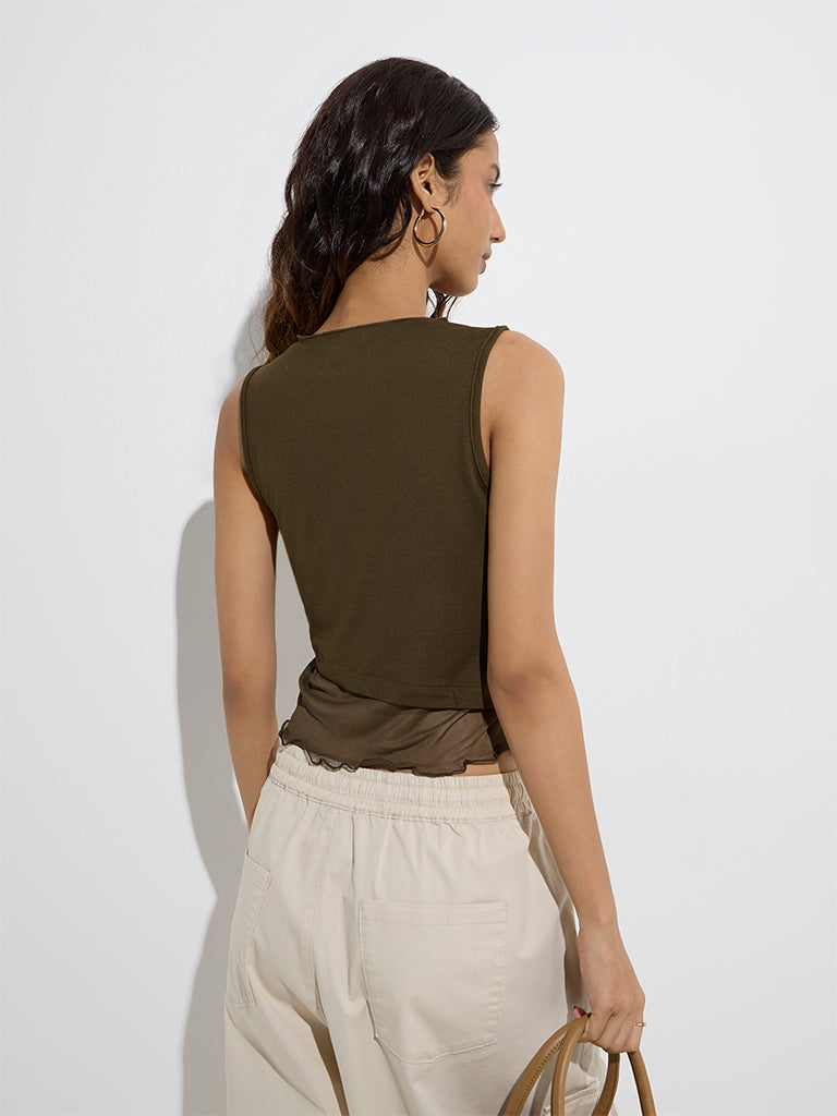 Nuon Olive Numerical Design Mesh Top - Image 4