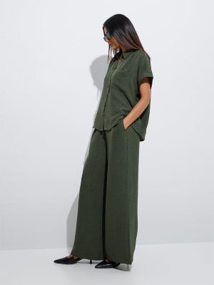 Wardrobe Dark Olive Crinkle-Textured Shirt