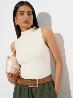 Wardrobe Off-White Solid Sleeveless Top