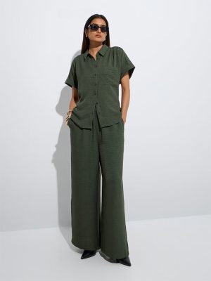 Wardrobe Dark Olive Crinkle-Textured High-Rise Pants