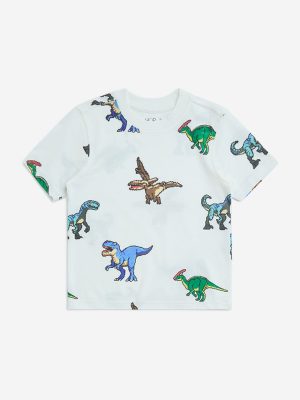 HOP Kids White Dinosaur Printed Cotton T-Shirt