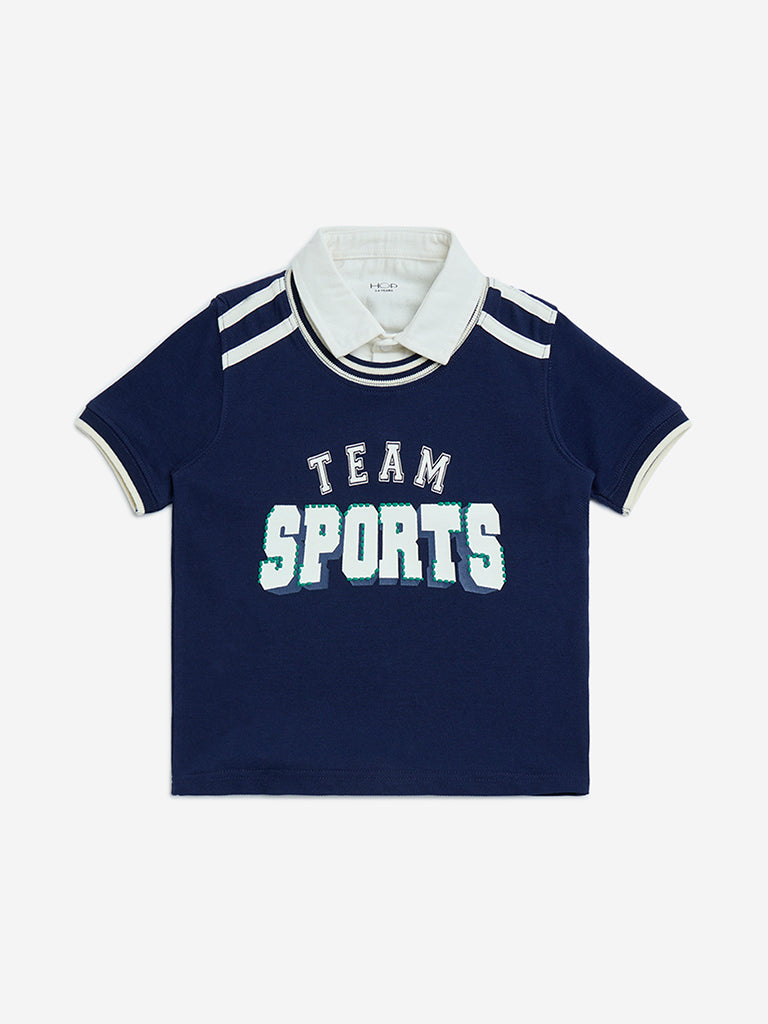 HOP Kids Navy Text Design Cotton Polo T-Shirt