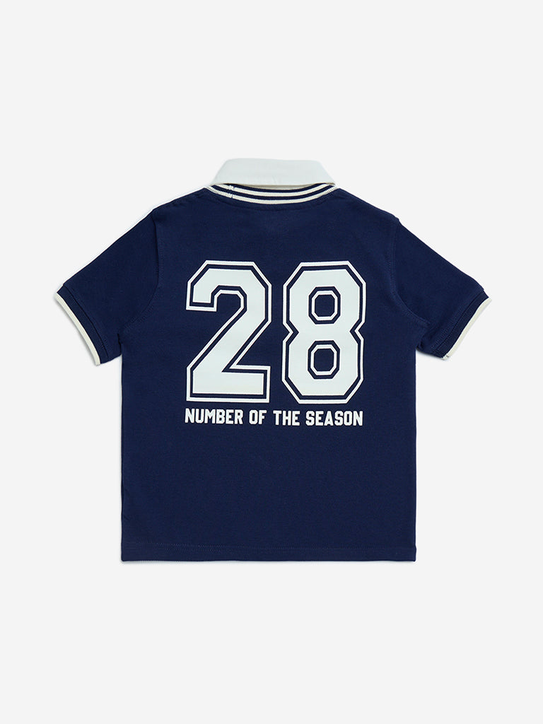 HOP Kids Navy Text Design Cotton Polo T-Shirt - Image 3