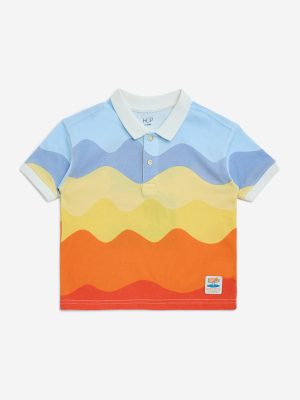 HOP Kids Multicolour Wave Printed Cotton Polo T-Shirt