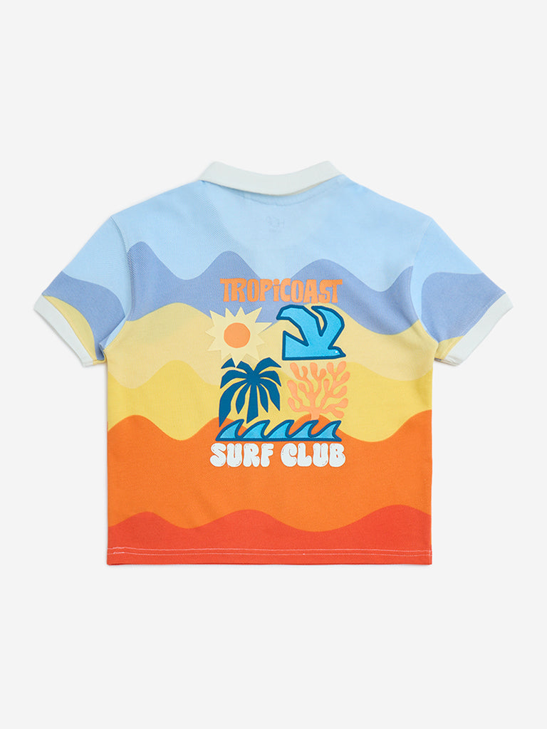 HOP Kids Multicolour Wave Printed Cotton Polo T-Shirt - Image 2