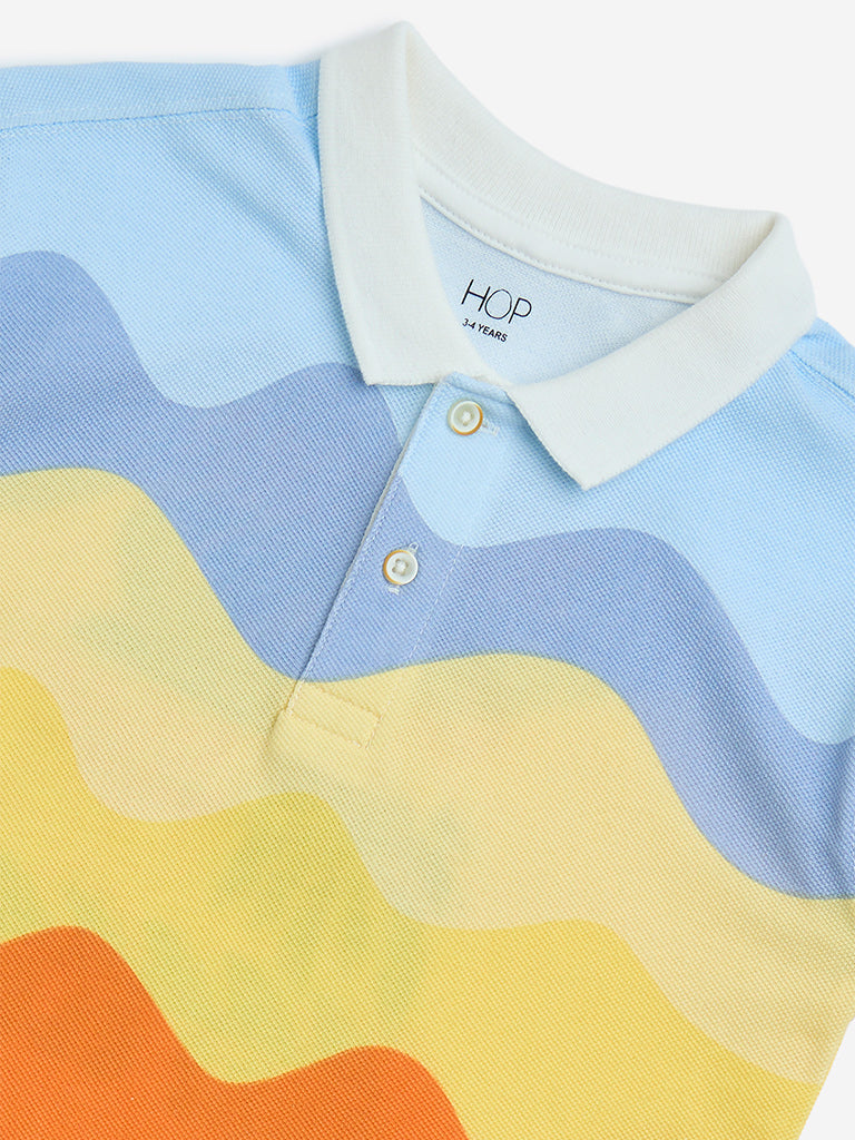HOP Kids Multicolour Wave Printed Cotton Polo T-Shirt - Image 3