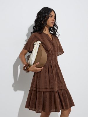 LOV Brown Schiffli Detailed Cotton Tiered Dress