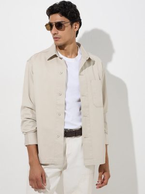 WES Casuals Beige Solid Relaxed-Fit Cotton Shirt