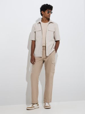 WES Casuals Beige Relaxed-Fit Mid-Rise Cotton-Blend Chinos