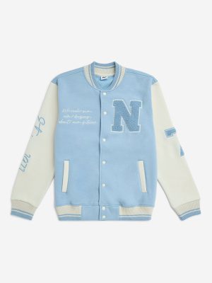 Y&F Kids Light Blue Text Design Cotton-Blend Varsity Jacket