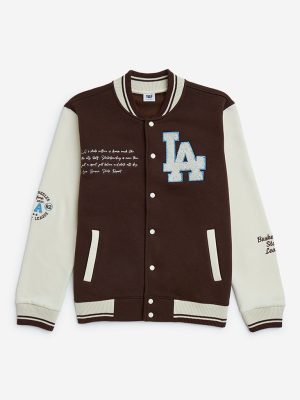Y&F Kids Dark Brown Text Design Cotton-Blend Varsity Jacket