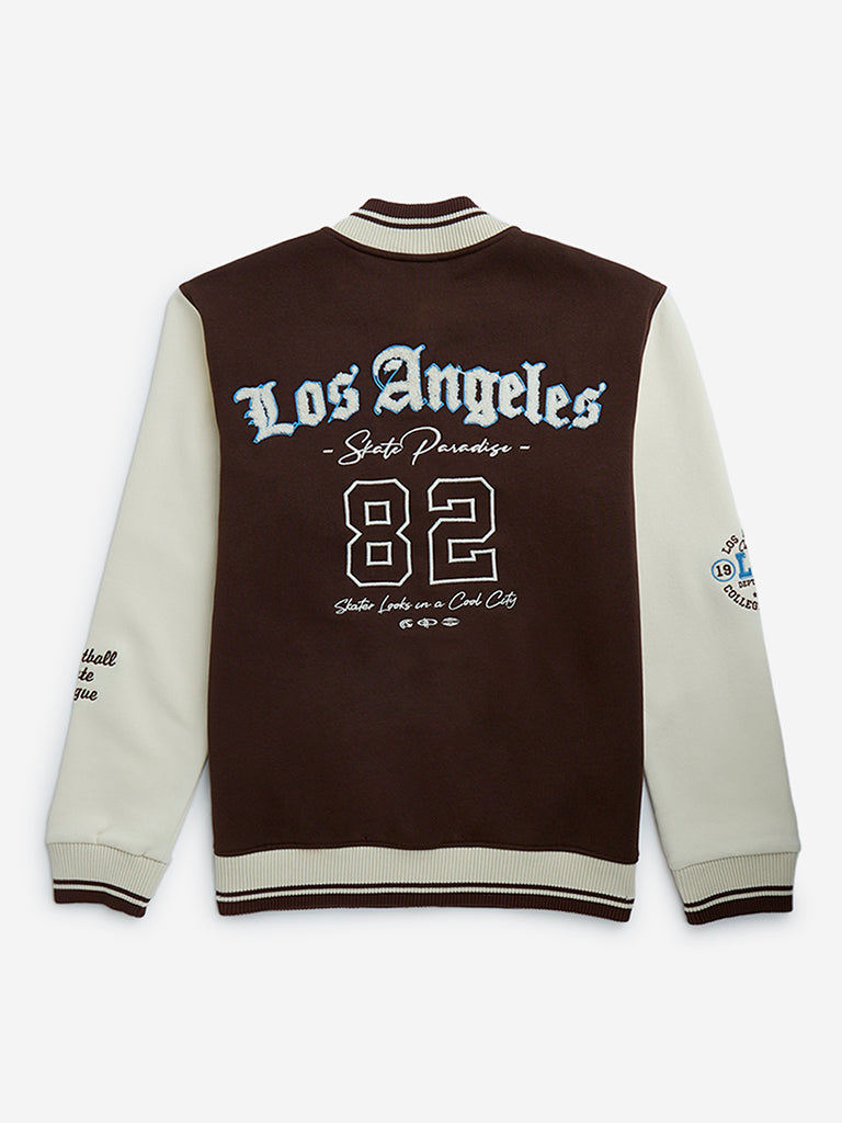 Y&F Kids Dark Brown Text Design Cotton-Blend Varsity Jacket - Image 2