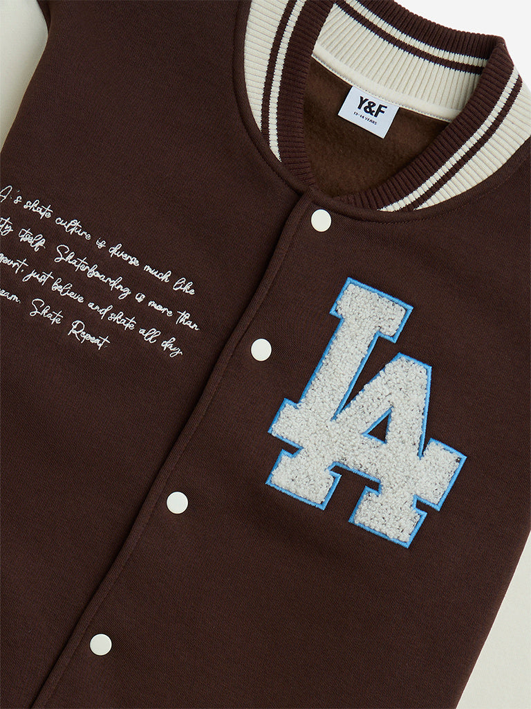 Y&F Kids Dark Brown Text Design Cotton-Blend Varsity Jacket - Image 3
