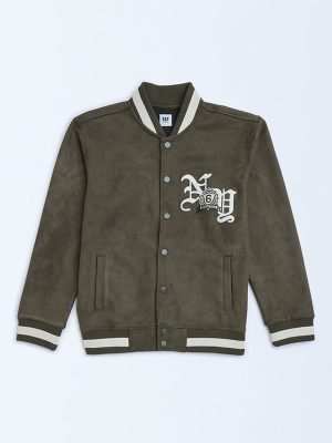 Y&F Kids Olive Text Detailed Suede Jacket