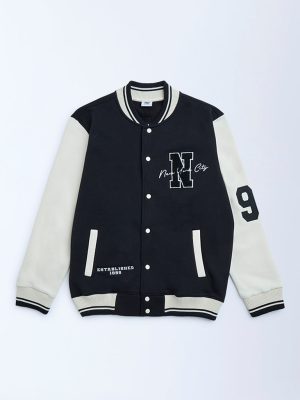 Y&F Kids Black Printed Cotton-Blend Varsity Jacket