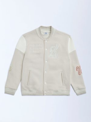 Y&F Kids Beige Animal Printed Cotton-Blend Varsity Jacket