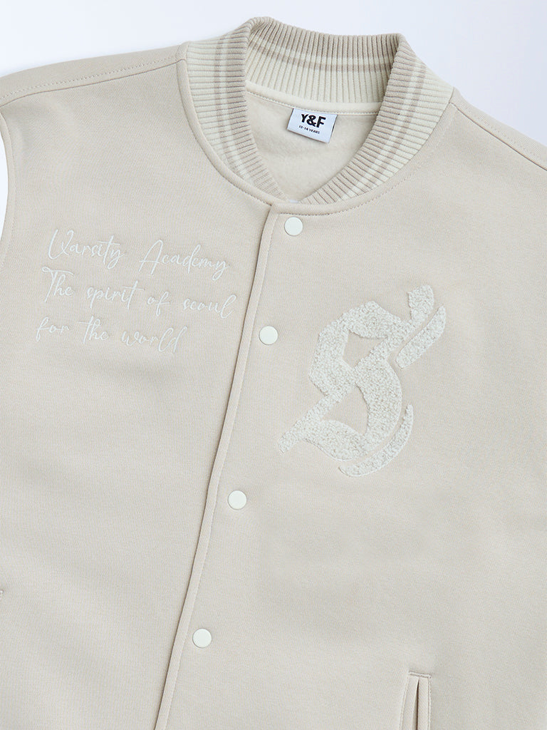 Y&F Kids Beige Animal Printed Cotton-Blend Varsity Jacket - Image 3