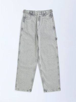 Y&F Kids Grey Faded Straight-Fit Mid-Rise Jeans