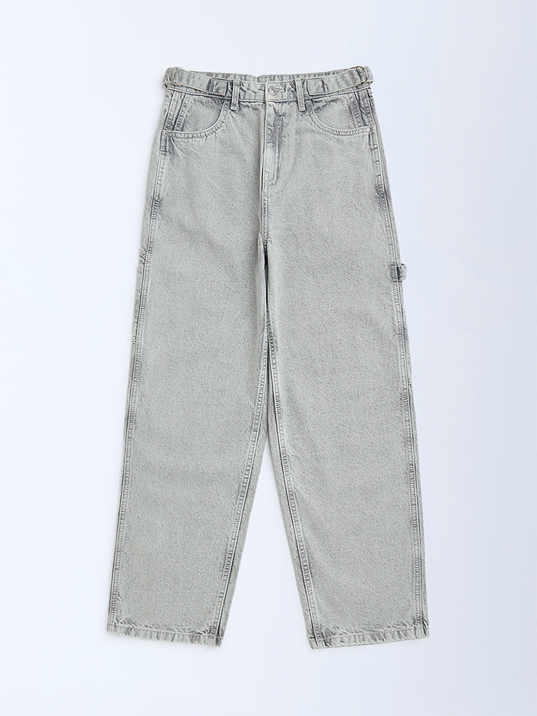 Y&F Kids Grey Faded Straight-Fit Mid-Rise Jeans