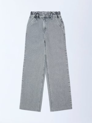 Y&F Kids Grey Washed Straight-Fit High-Rise Jeans