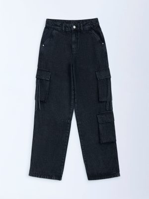Y&F Kids Charcoal Relaxed-Fit Mid-Rise Cargo Jeans