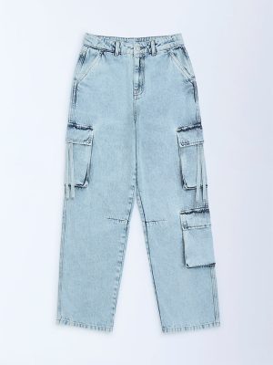 Y&F Kids Light Blue Washed Relaxed-Fit Mid-Rise Cargo Jeans