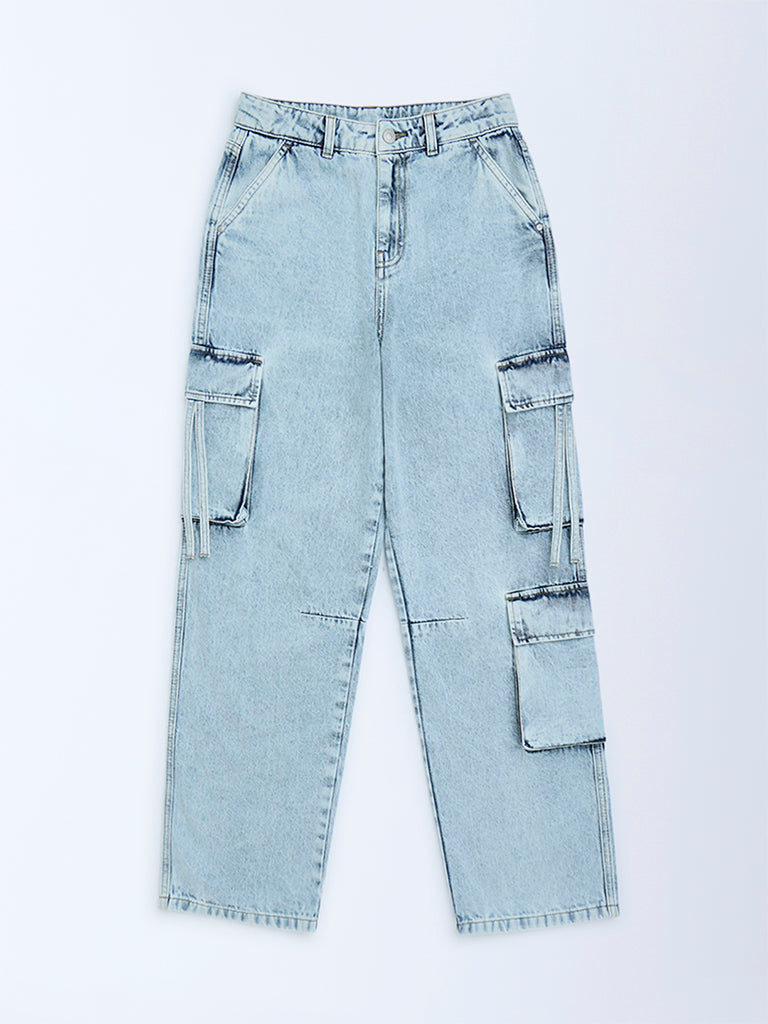 Y&F Kids Light Blue Washed Relaxed-Fit Mid-Rise Cargo Jeans