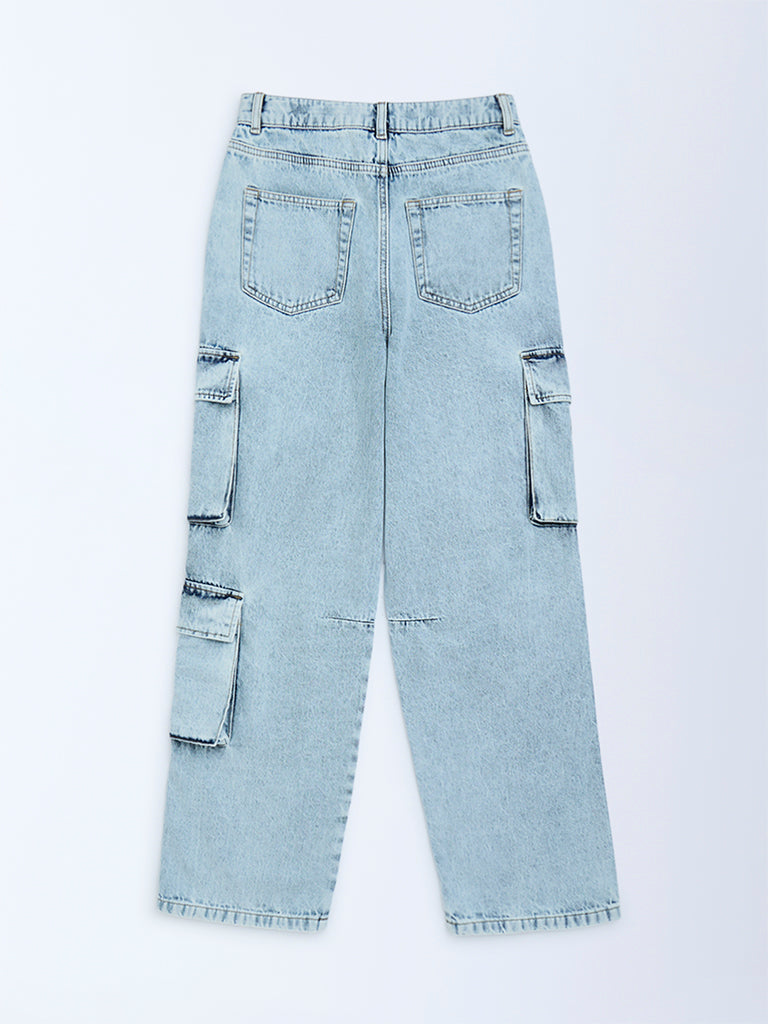 Y&F Kids Light Blue Washed Relaxed-Fit Mid-Rise Cargo Jeans - Image 3