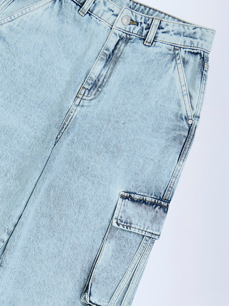 Y&F Kids Light Blue Washed Relaxed-Fit Mid-Rise Cargo Jeans - Image 4