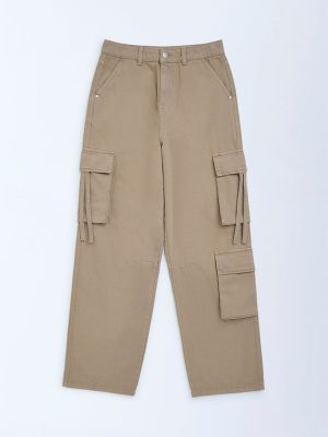 Y&F Kids Beige Relaxed-Fit Mid-Rise Cargo Jeans