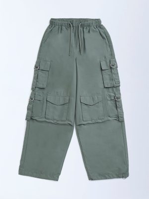 Y&F Kids Olive Cargo-Style Mid-Rise Cotton Joggers