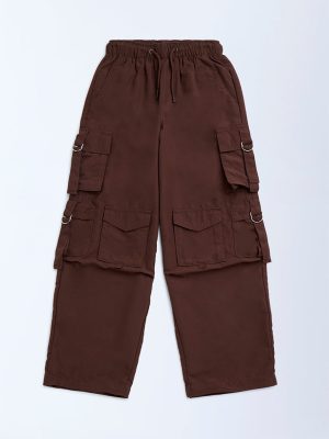 Y&F Kids Brown Cargo-Style Mid-Rise Cotton Joggers