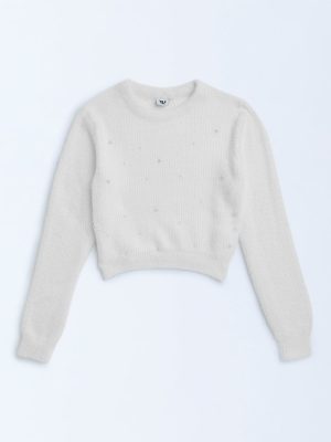 Y&F Kids White Pearl-Detailed Knitted Sweater