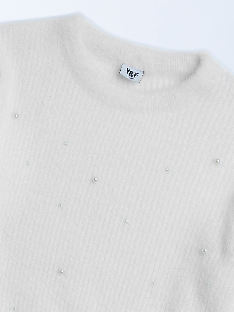 Y&F Kids White Pearl-Detailed Knitted Sweater - Image 4