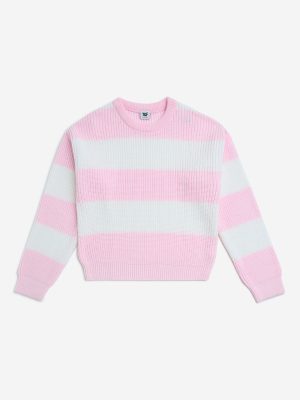 Y&F Kids Pink Striped Knit-Textured Sweater