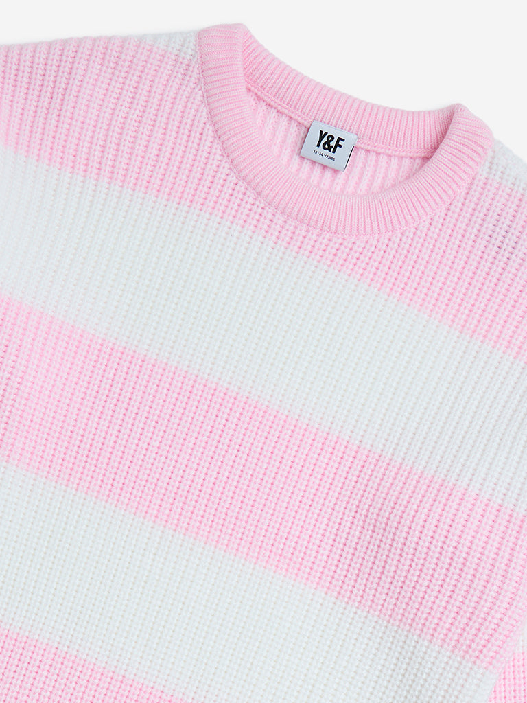 Y&F Kids Pink Striped Knit-Textured Sweater - Image 3