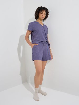 Wunderlove Purple Ribbed-Textured High-Rise Shorts