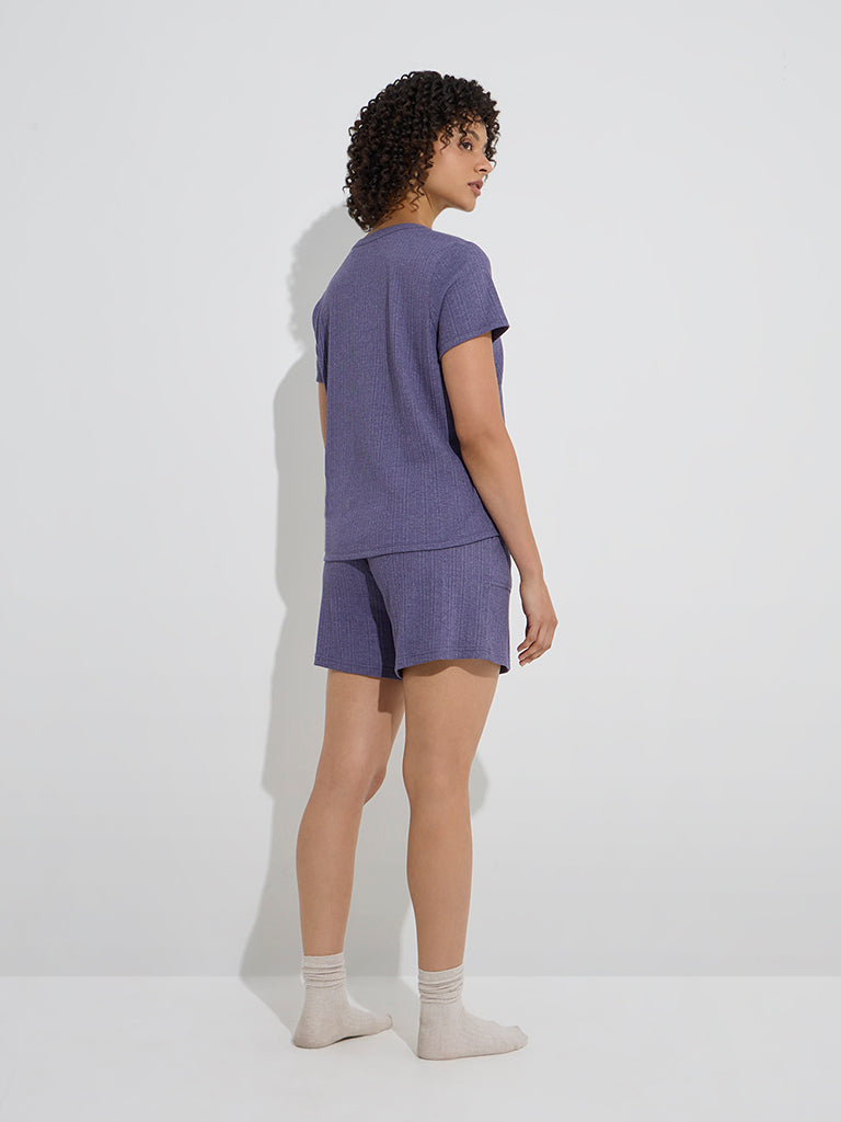 Wunderlove Purple Ribbed-Textured High-Rise Shorts - Image 4