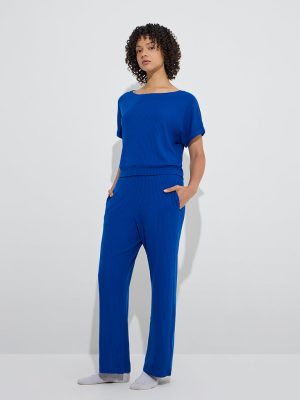 Wunderlove Blue Ribbed-Textured High-Rise Pants