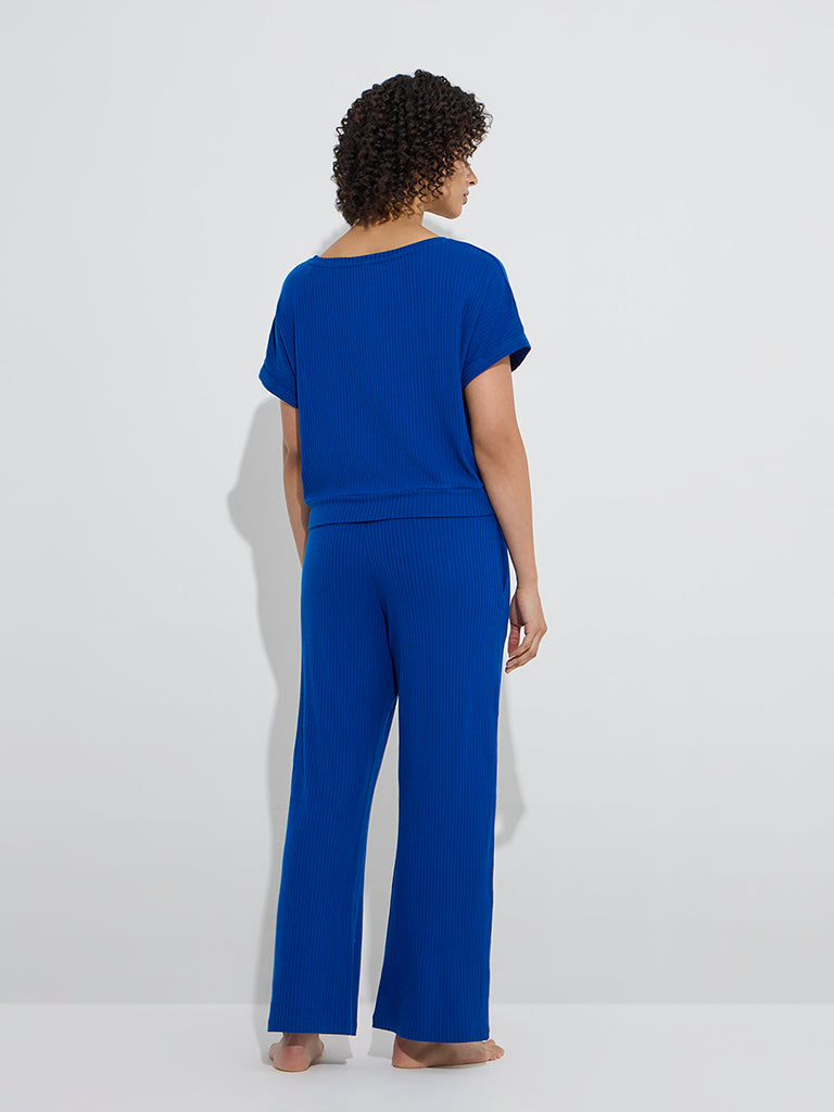 Wunderlove Blue Ribbed-Textured High-Rise Pants - Image 4