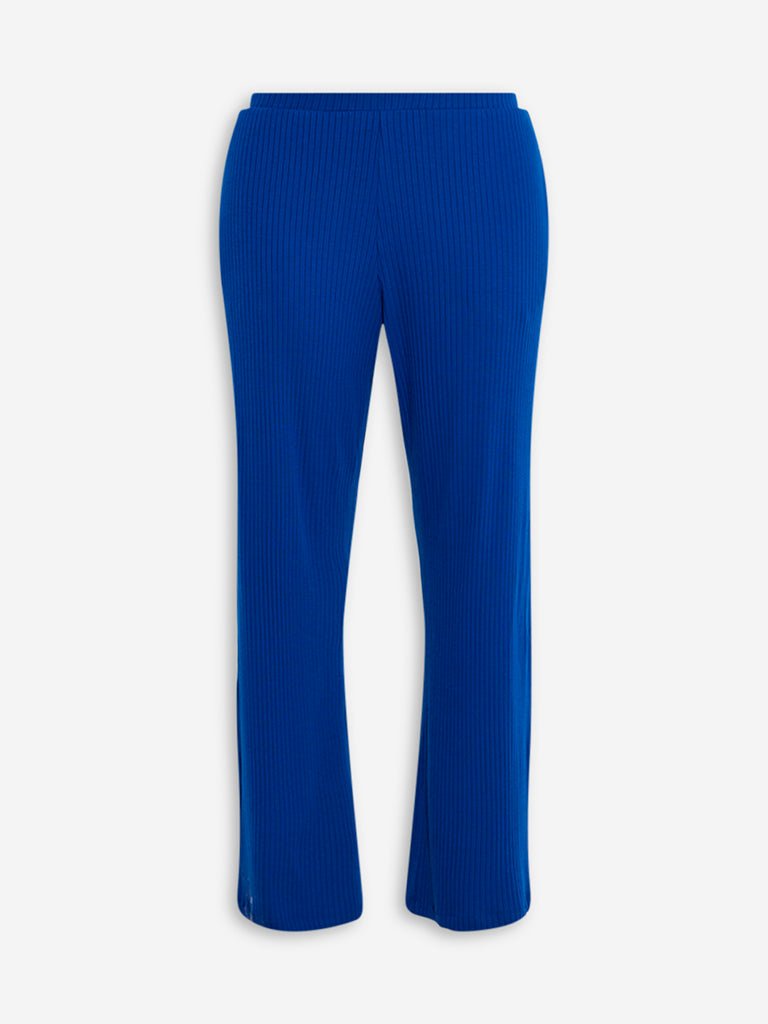 Wunderlove Blue Ribbed-Textured High-Rise Pants - Image 5