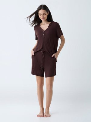 Wunderlove Dark Brown Ribbed-Textured High-Rise Shorts