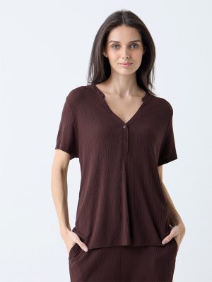 Wunderlove Dark Brown Ribbed-Textured Henley Top