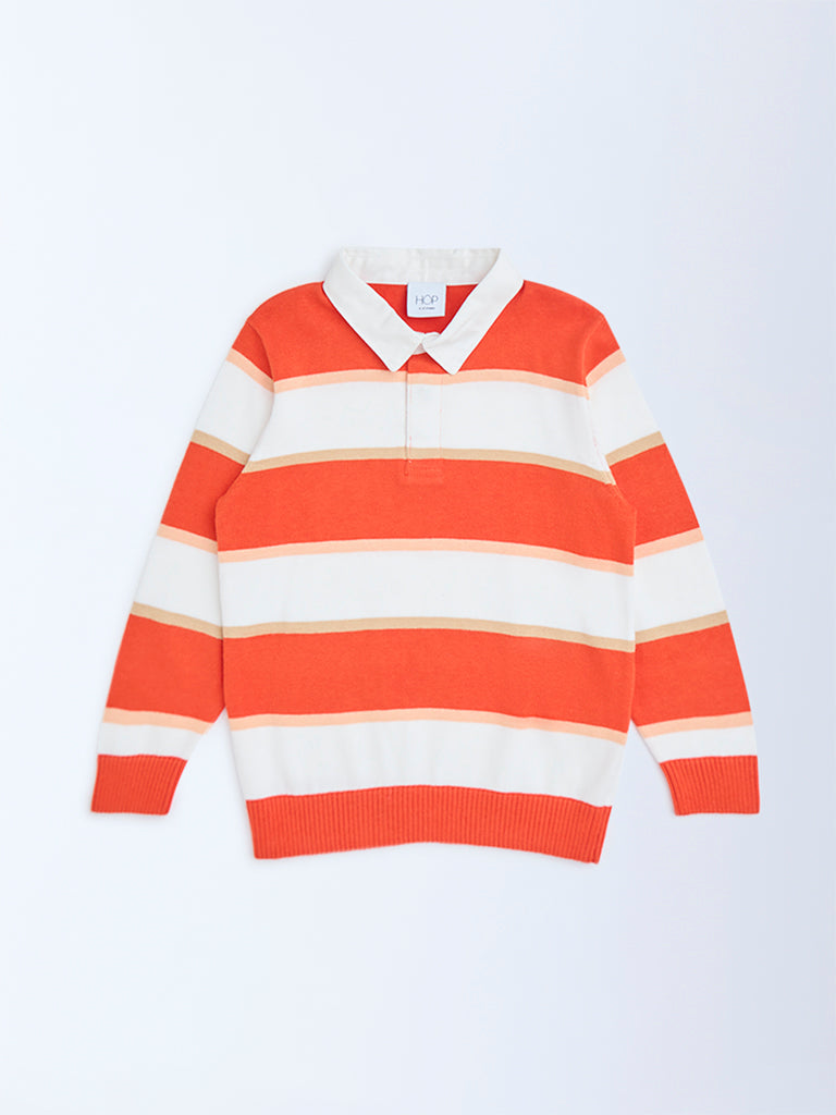 HOP Kids Orange Striped Cotton Polo Sweater - Image 3